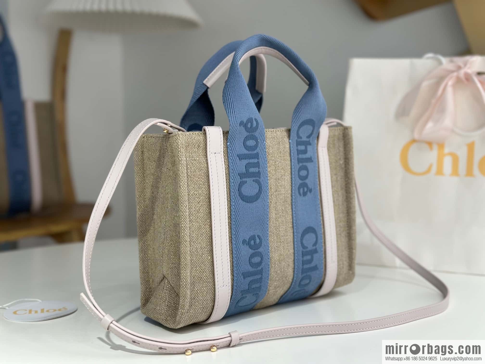 Chloe Woody Linen with Pitot Bag, Cream Powder/Blue Small 26CM