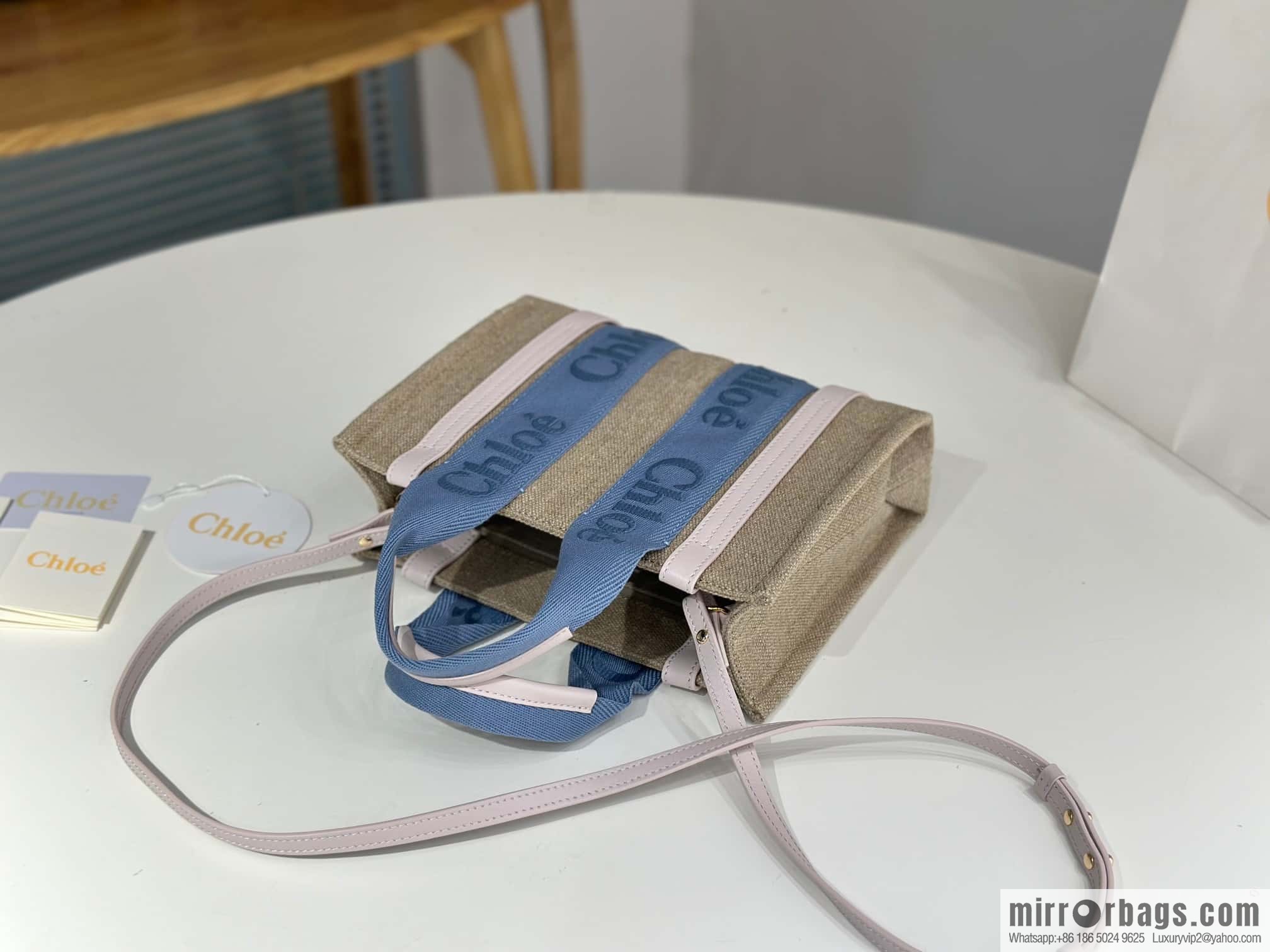 Chloe Woody Linen with Pitot Bag, Cream Powder/Blue Small 26CM
