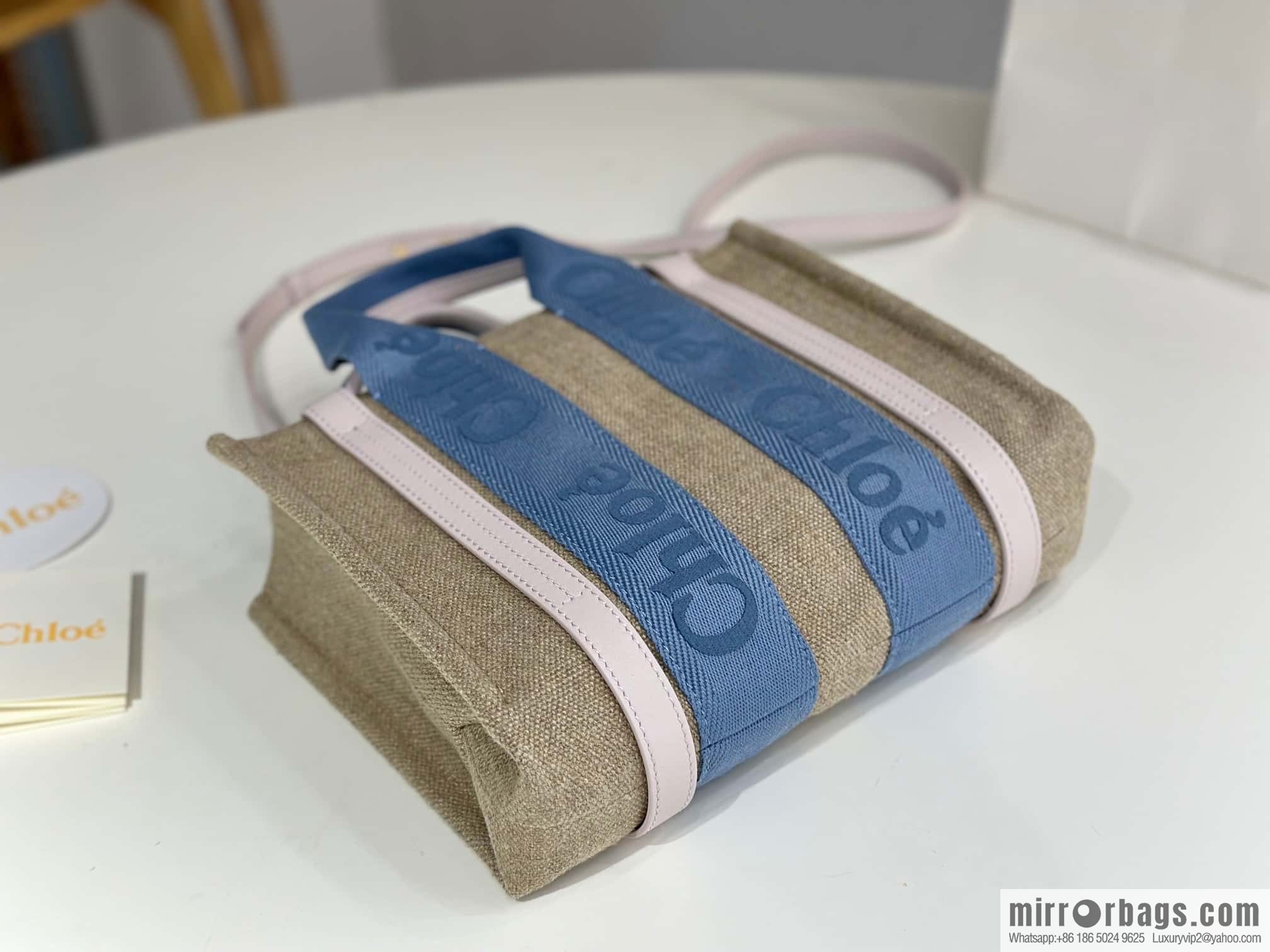 Chloe Woody Linen with Pitot Bag, Cream Powder/Blue Small 26CM