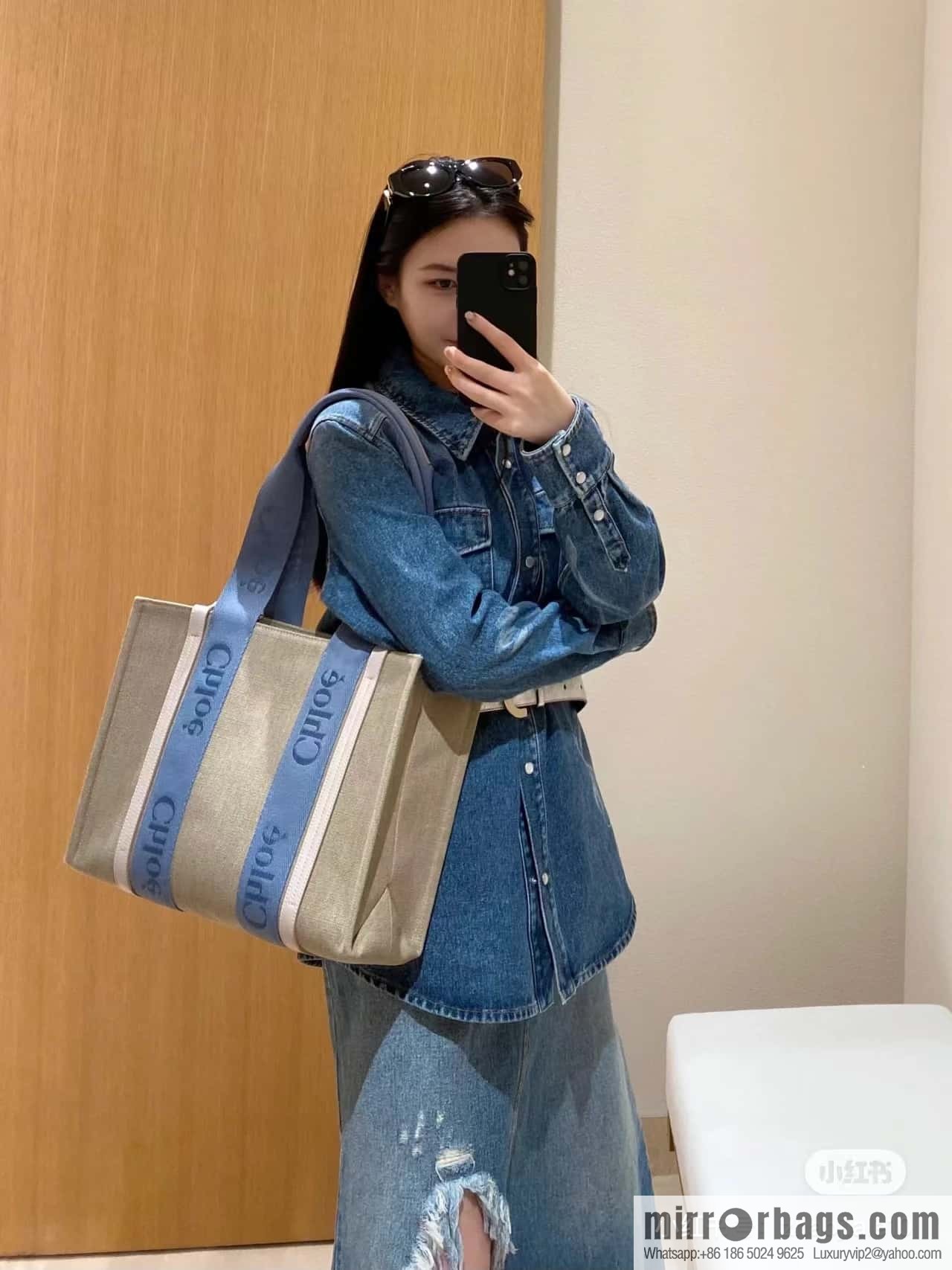 Chloe Woody Linen with Pitot Bag, Cream Powder/Blue Medium 37CM