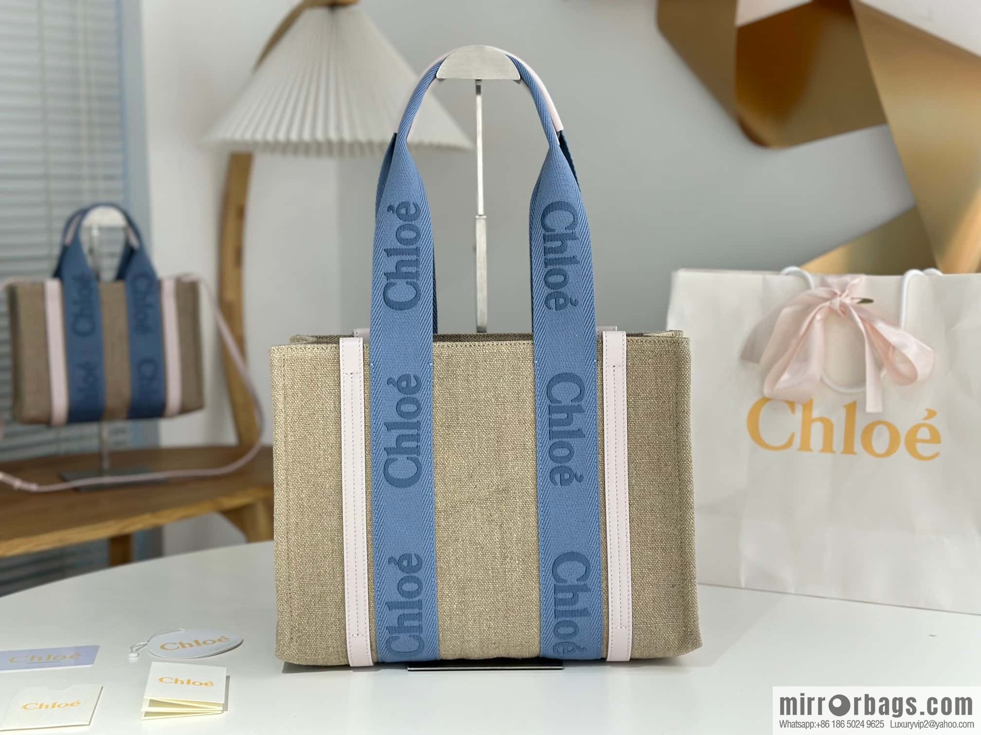 Chloe Woody Linen with Pitot Bag, Cream Powder/Blue Medium 37CM