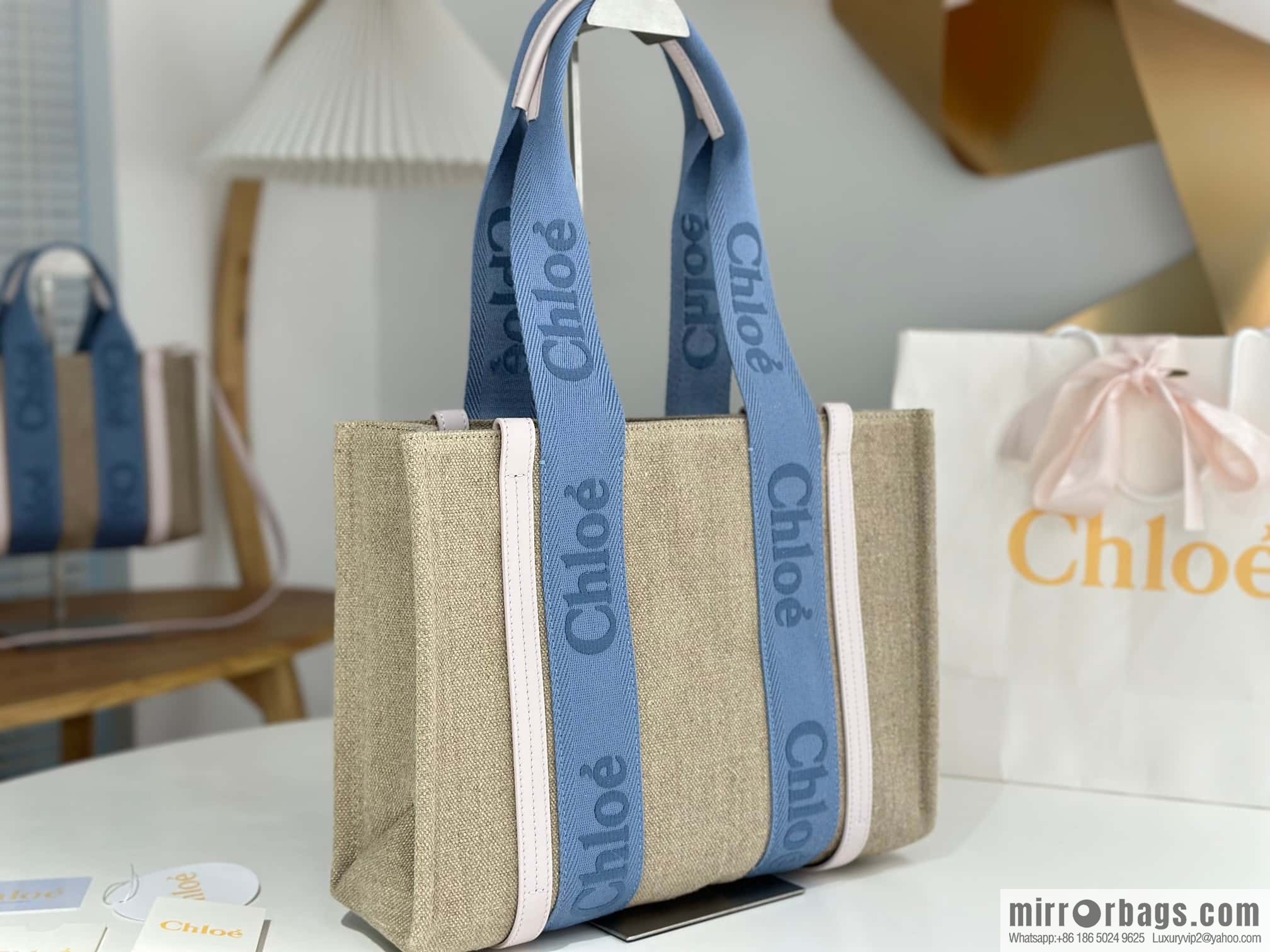 Chloe Woody Linen with Pitot Bag, Cream Powder/Blue Medium 37CM