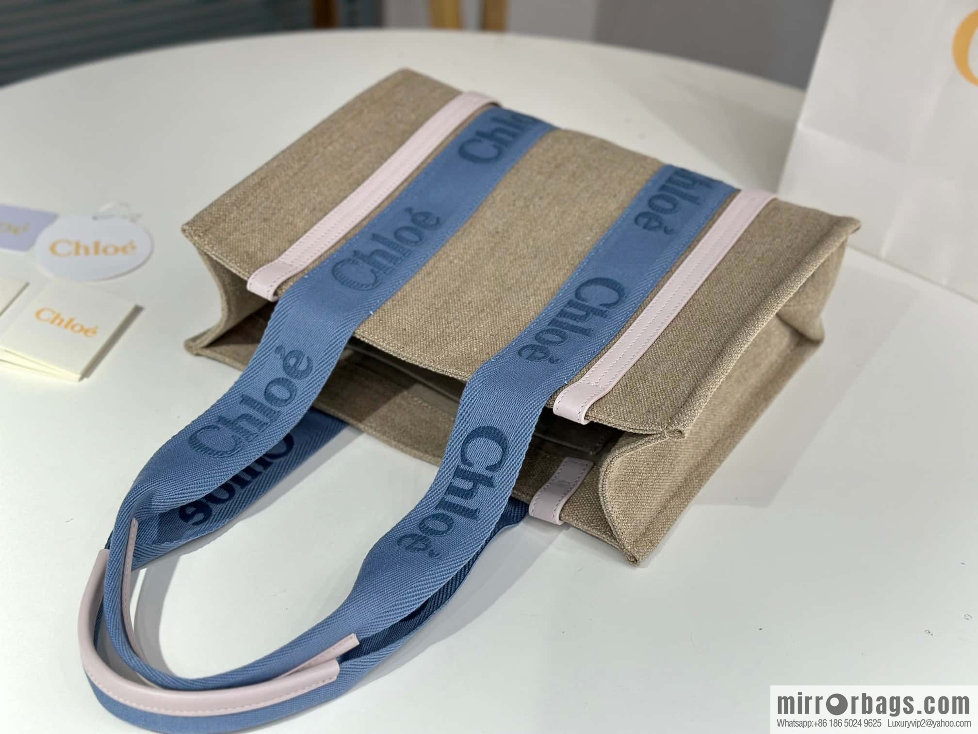 Chloe Woody Linen with Pitot Bag, Cream Powder/Blue Medium 37CM