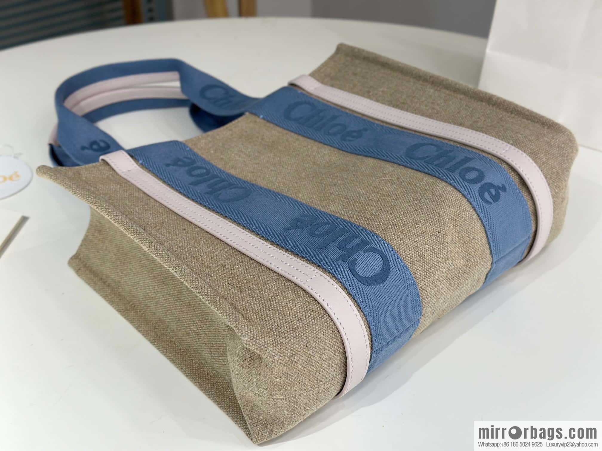 Chloe Woody Linen with Pitot Bag, Cream Powder/Blue Medium 37CM