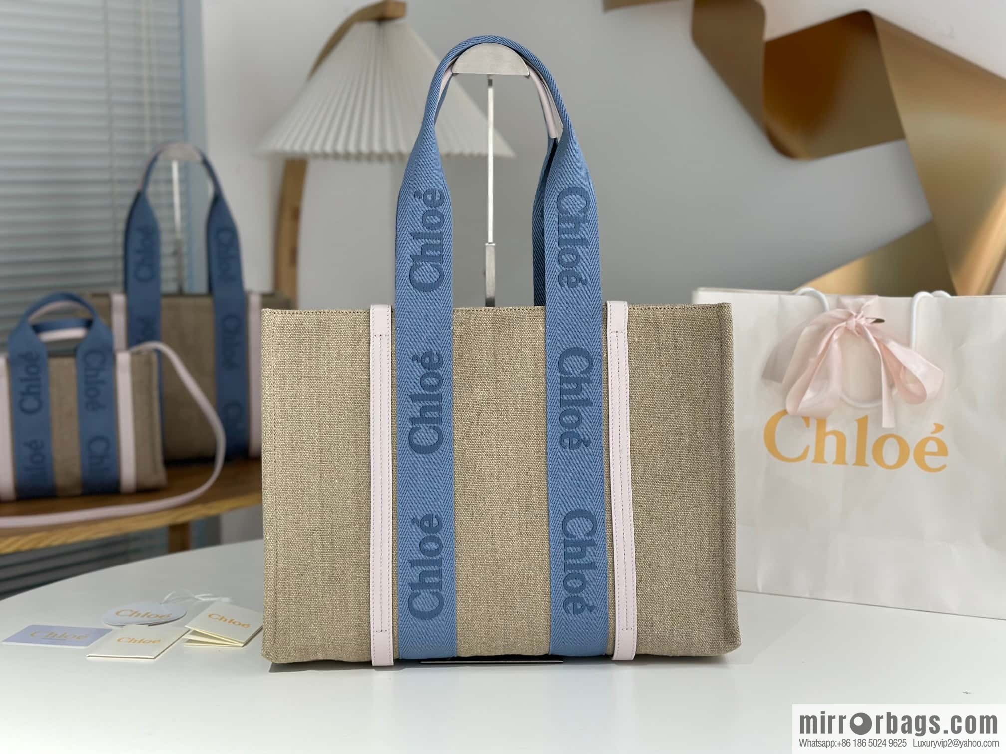 Chloe Woody Linen with Pitot Bag, Cream Powder/Blue Large 45CM