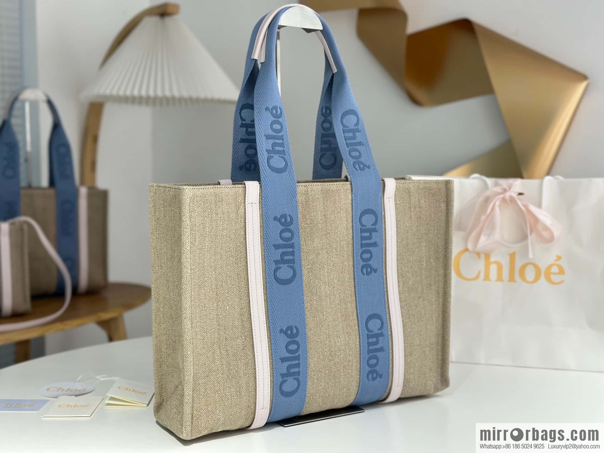 Chloe Woody Linen with Pitot Bag, Cream Powder/Blue Large 45CM