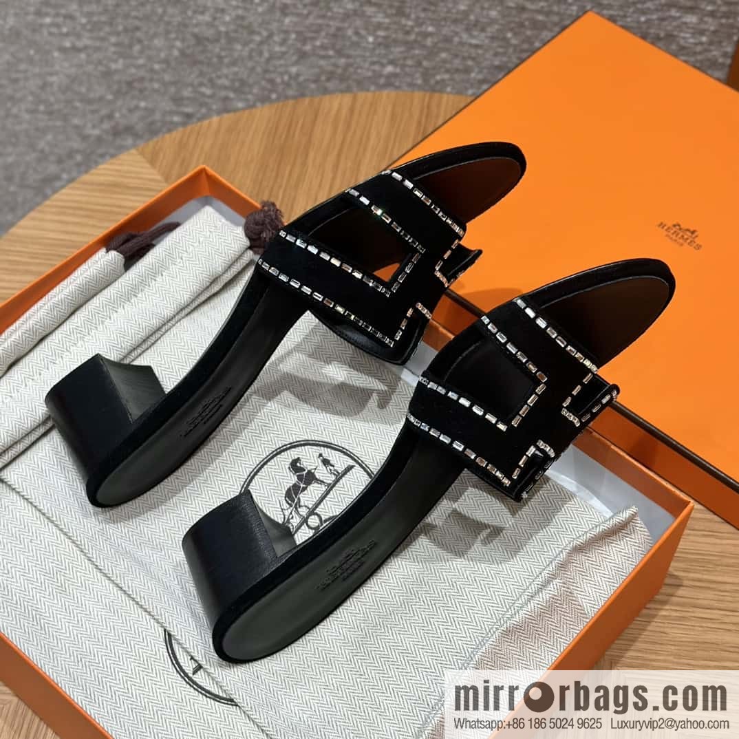 Hermès H's Rhinestone Thick Heel Sandals