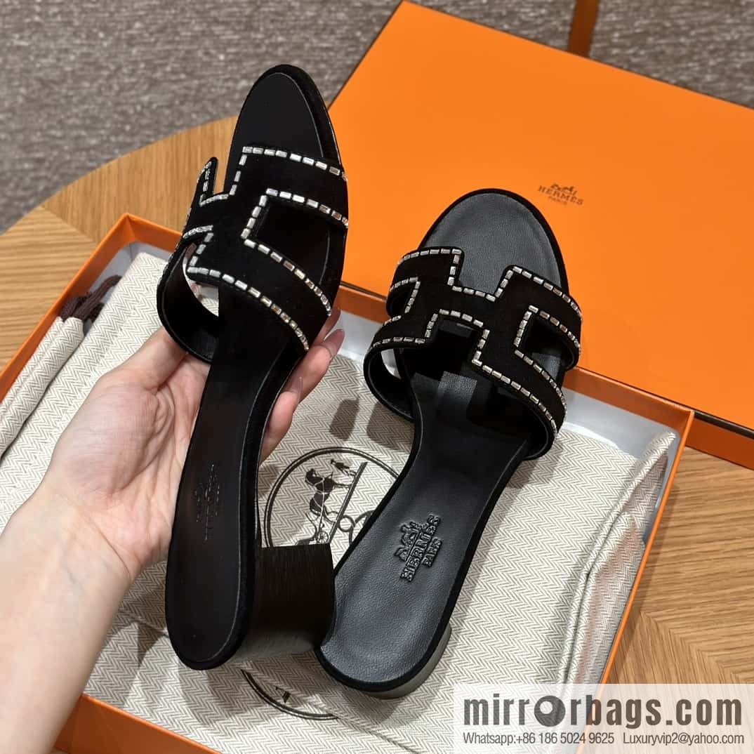 Hermès H's Rhinestone Thick Heel Sandals