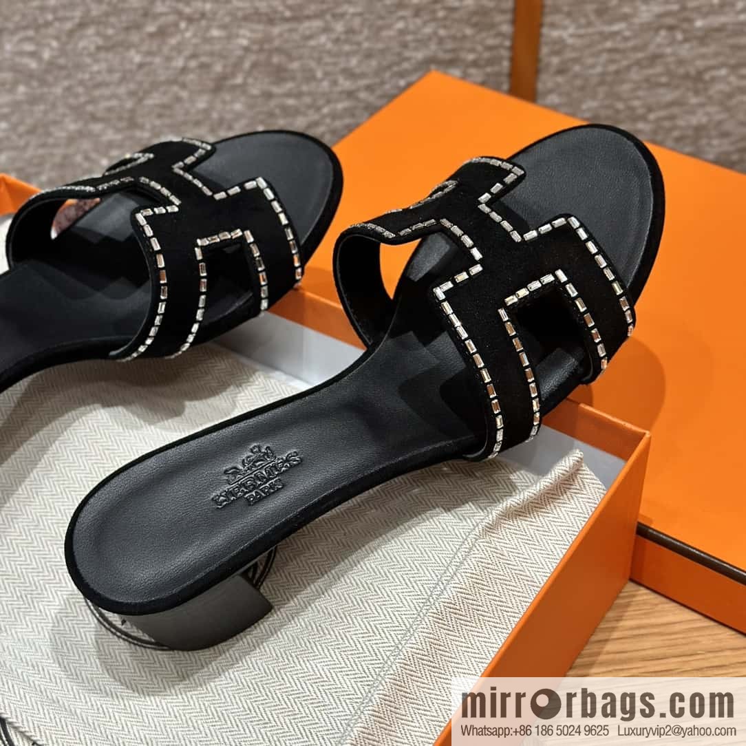 Hermès H's Rhinestone Thick Heel Sandals