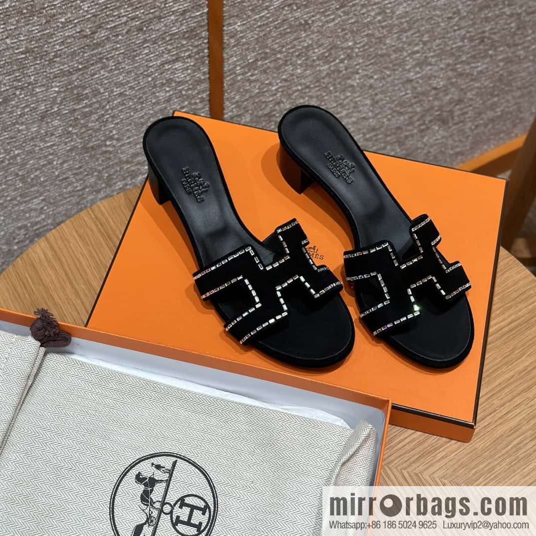 Hermès H's Rhinestone Thick Heel Sandals