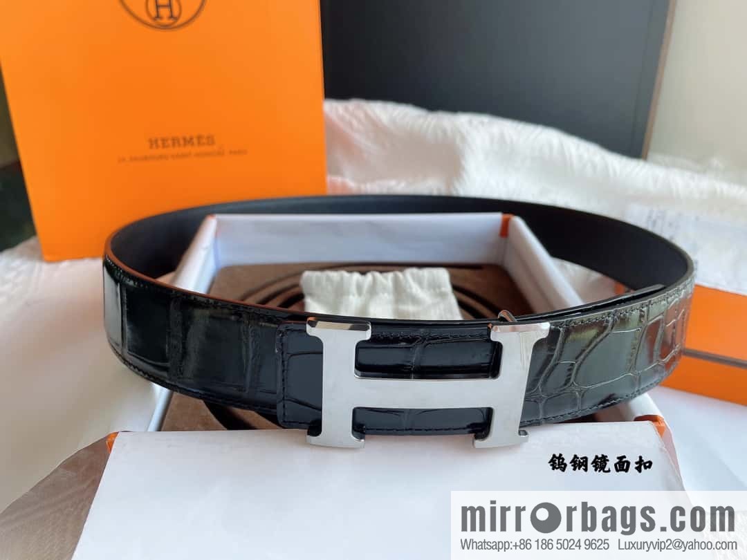 Hermès, imported leather pressed alligator leather bottom men's 38cm belt