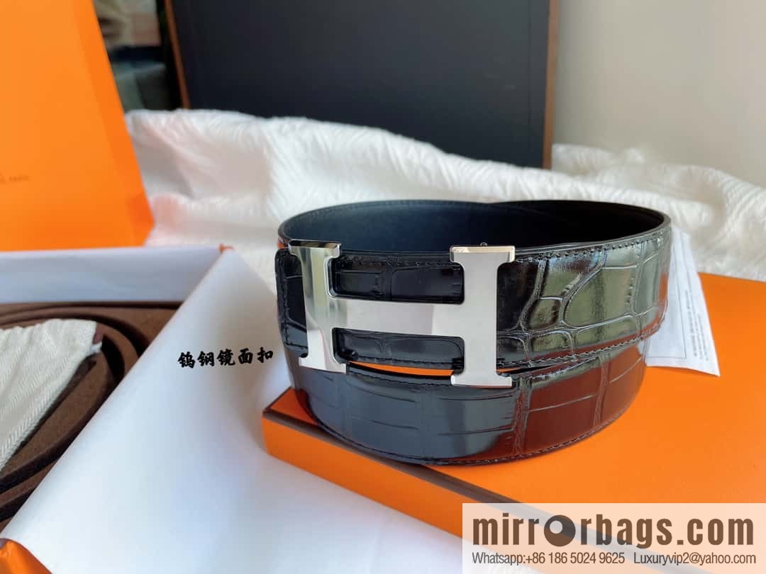 Hermès, imported leather pressed alligator leather bottom men's 38cm belt