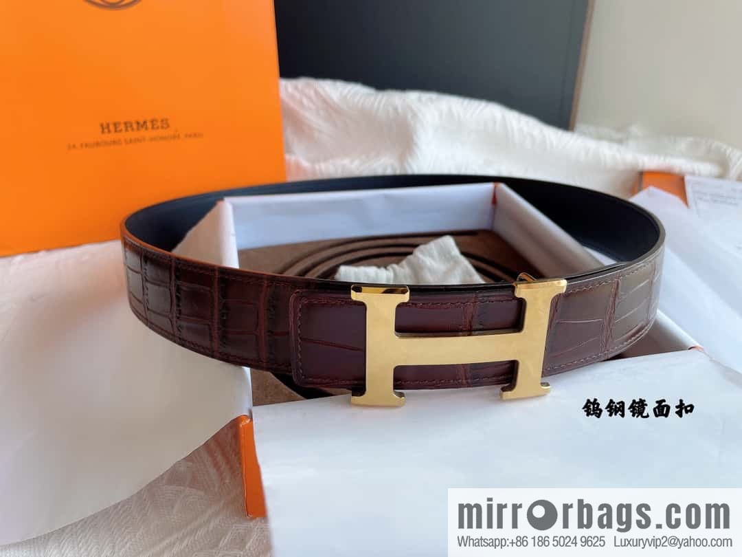Hermès, imported leather pressed alligator leather bottom men's 38cm belt