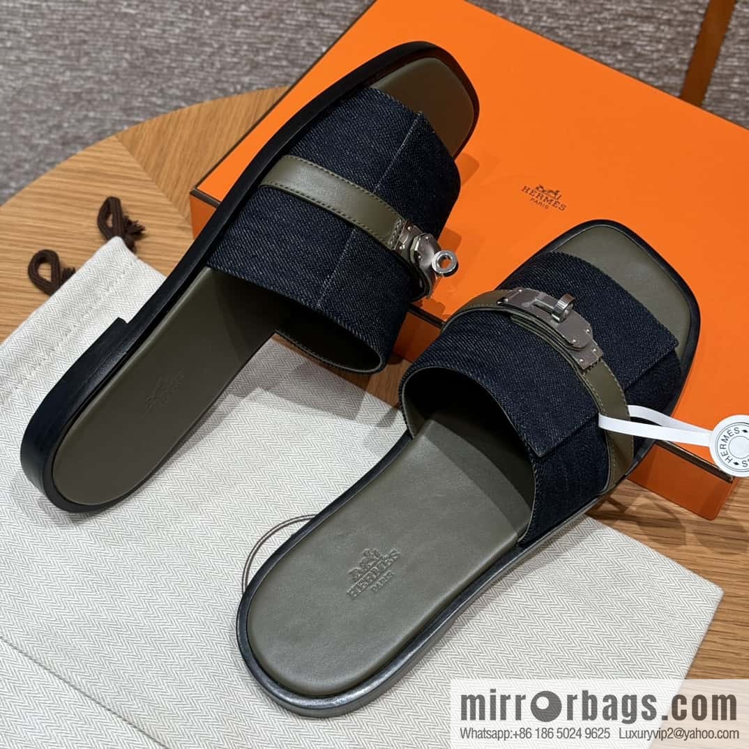 Hermès 183 GABRIEL Men's sandals, denim/Cowboy dark green/Dark green