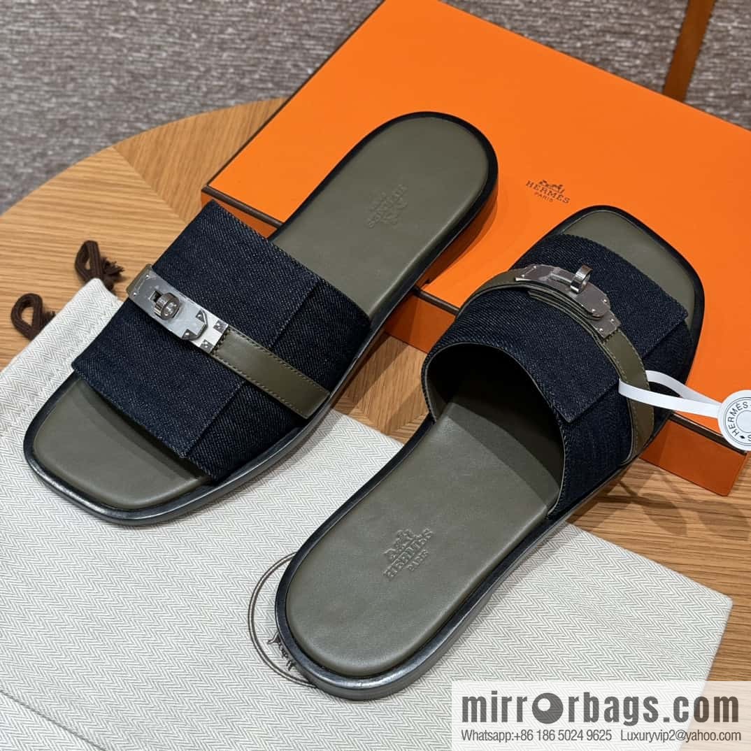 Hermès 183 GABRIEL Men's sandals, denim/Cowboy dark green/Dark green
