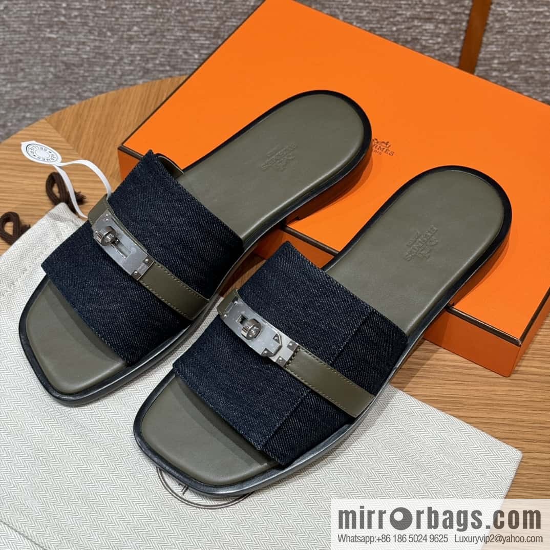 Hermès 183 GABRIEL Men's sandals, denim/Cowboy dark green/Dark green