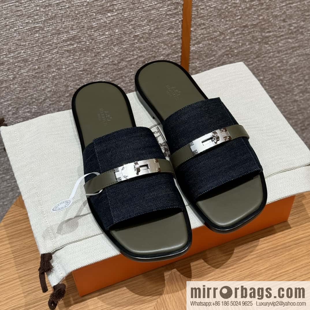 Hermès 183 GABRIEL Men's sandals, denim/Cowboy dark green/Dark green