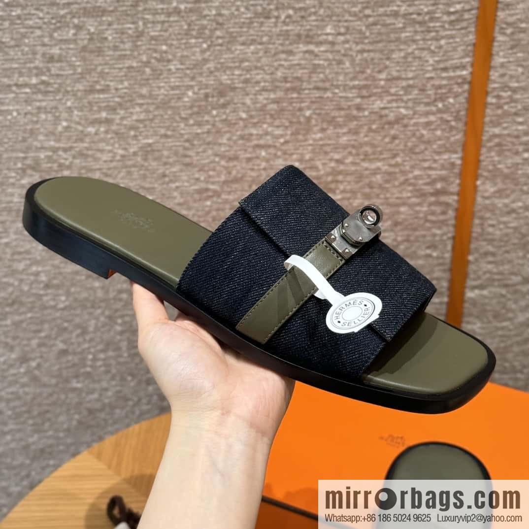 Hermès 183 GABRIEL Men's sandals, denim/Cowboy dark green/Dark green