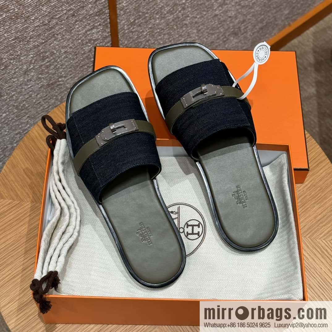 Hermès 183 GABRIEL Men's sandals, denim/Cowboy dark green/Dark green