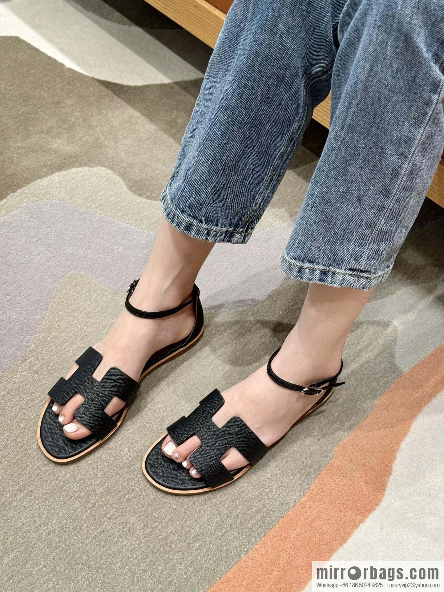 Hermès 196 Santorini sandals 50 palm print/Epsom black/CK89/Noir