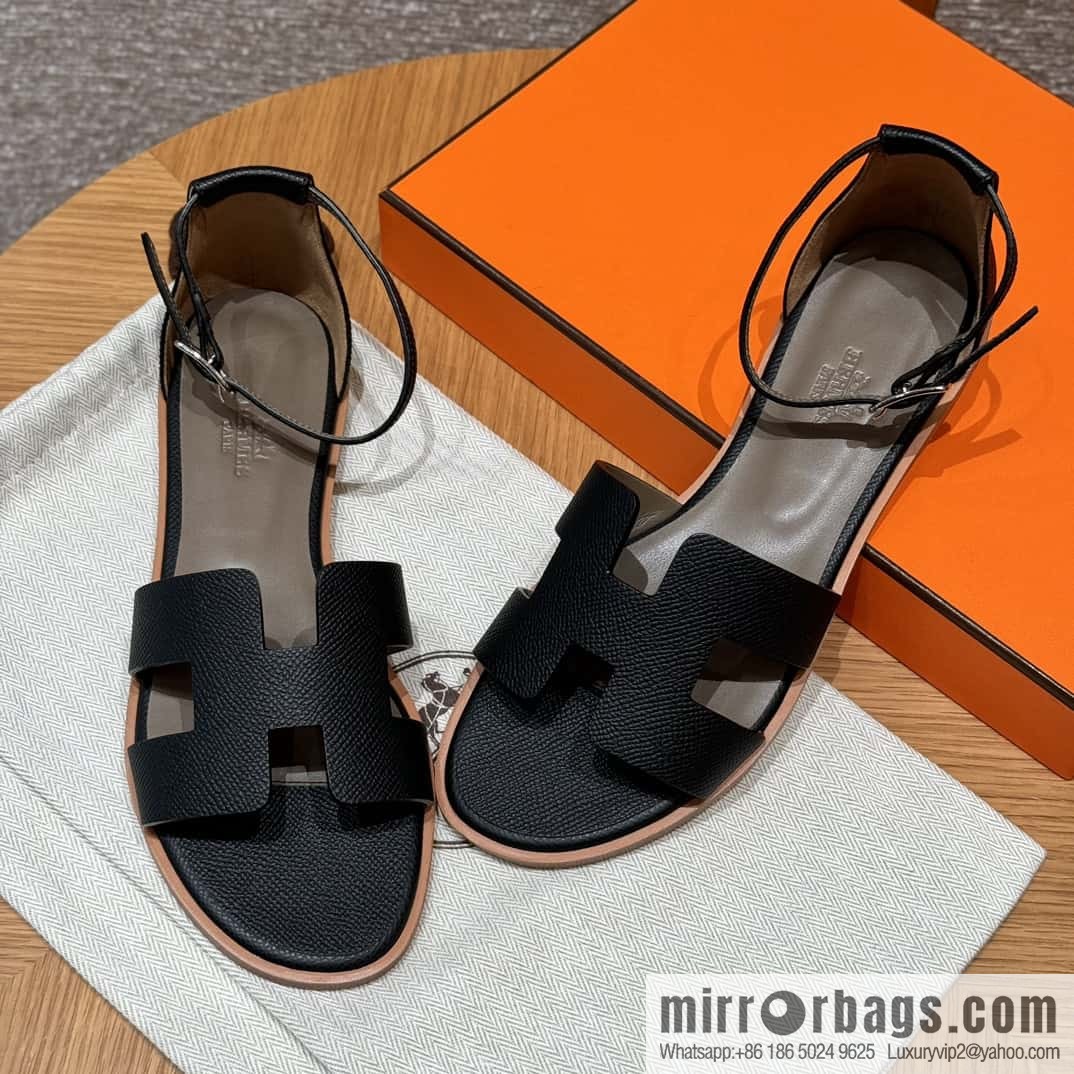 Hermès 196 Santorini sandals 50 palm print/Epsom black/CK89/Noir