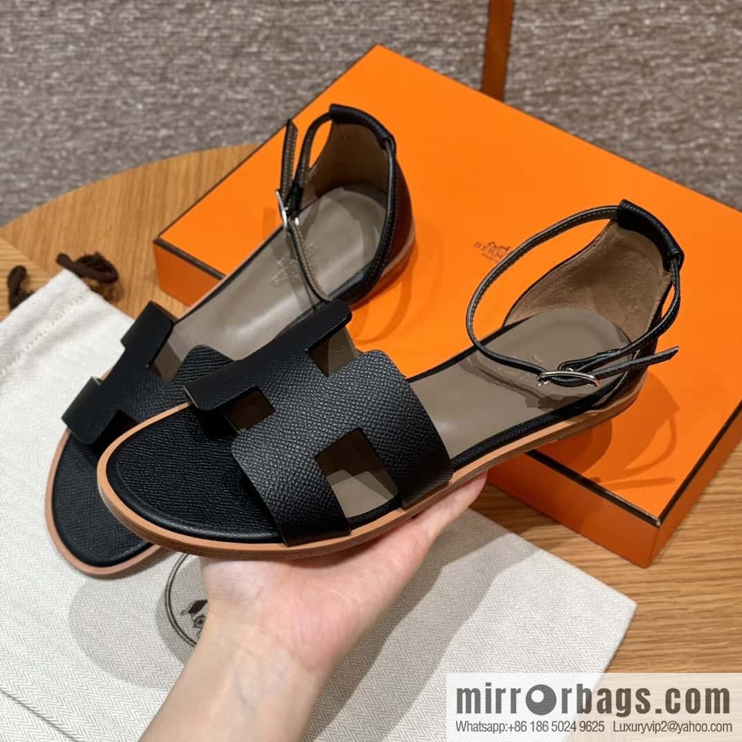 Hermès 196 Santorini sandals 50 palm print/Epsom black/CK89/Noir