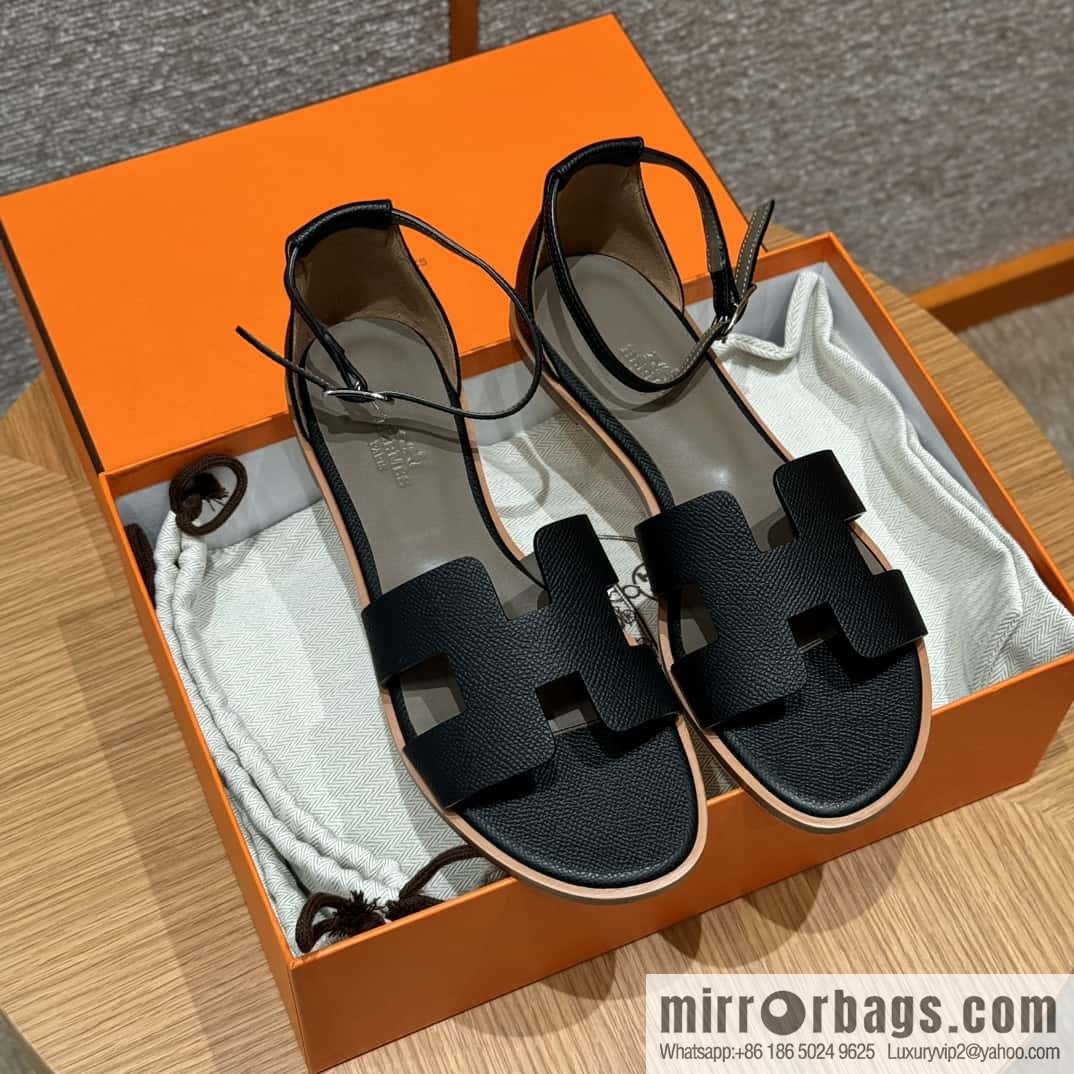 Hermès 196 Santorini sandals 50 palm print/Epsom black/CK89/Noir