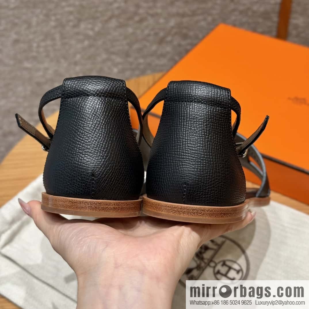 Hermès 196 Santorini sandals 50 palm print/Epsom black/CK89/Noir