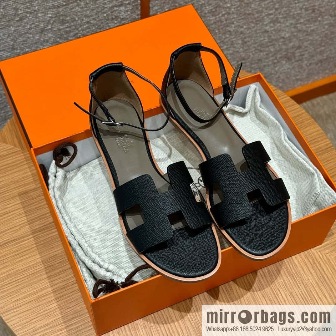 Hermès 196 Santorini sandals 50 palm print/Epsom black/CK89/Noir
