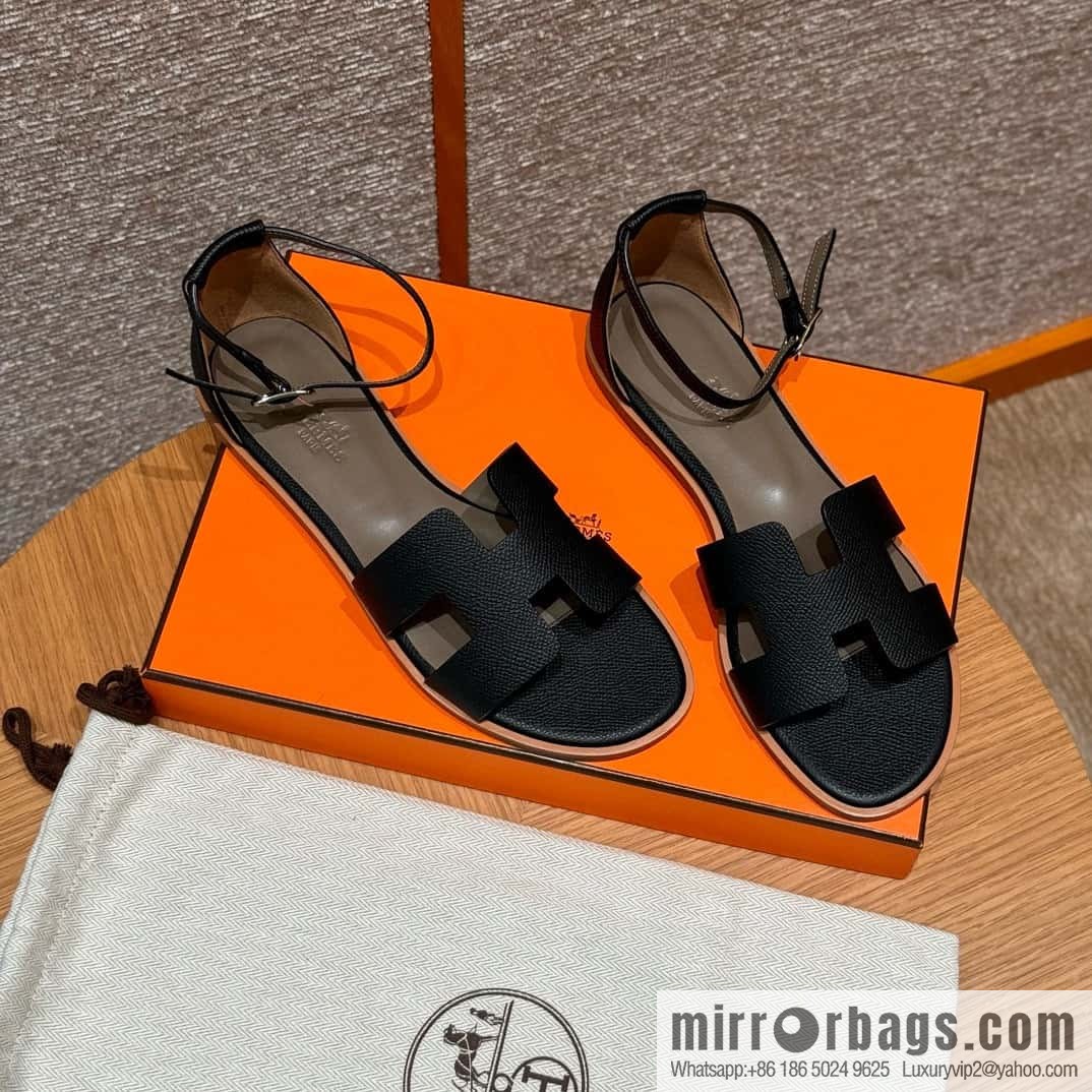 Hermès 196 Santorini sandals 50 palm print/Epsom black/CK89/Noir