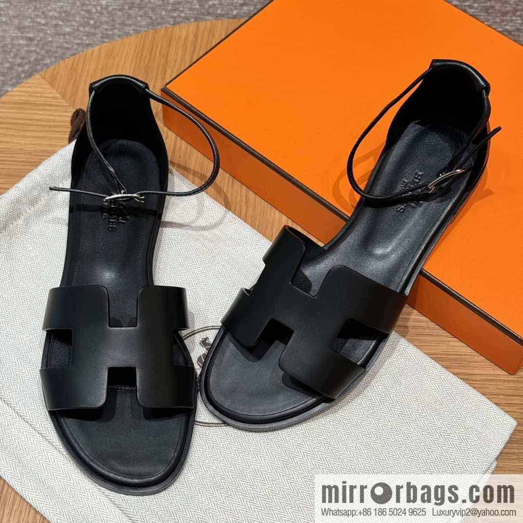 Hermès 196 Santorini Sandals 50 Plain Weave/Swift Black/CK89/Noir