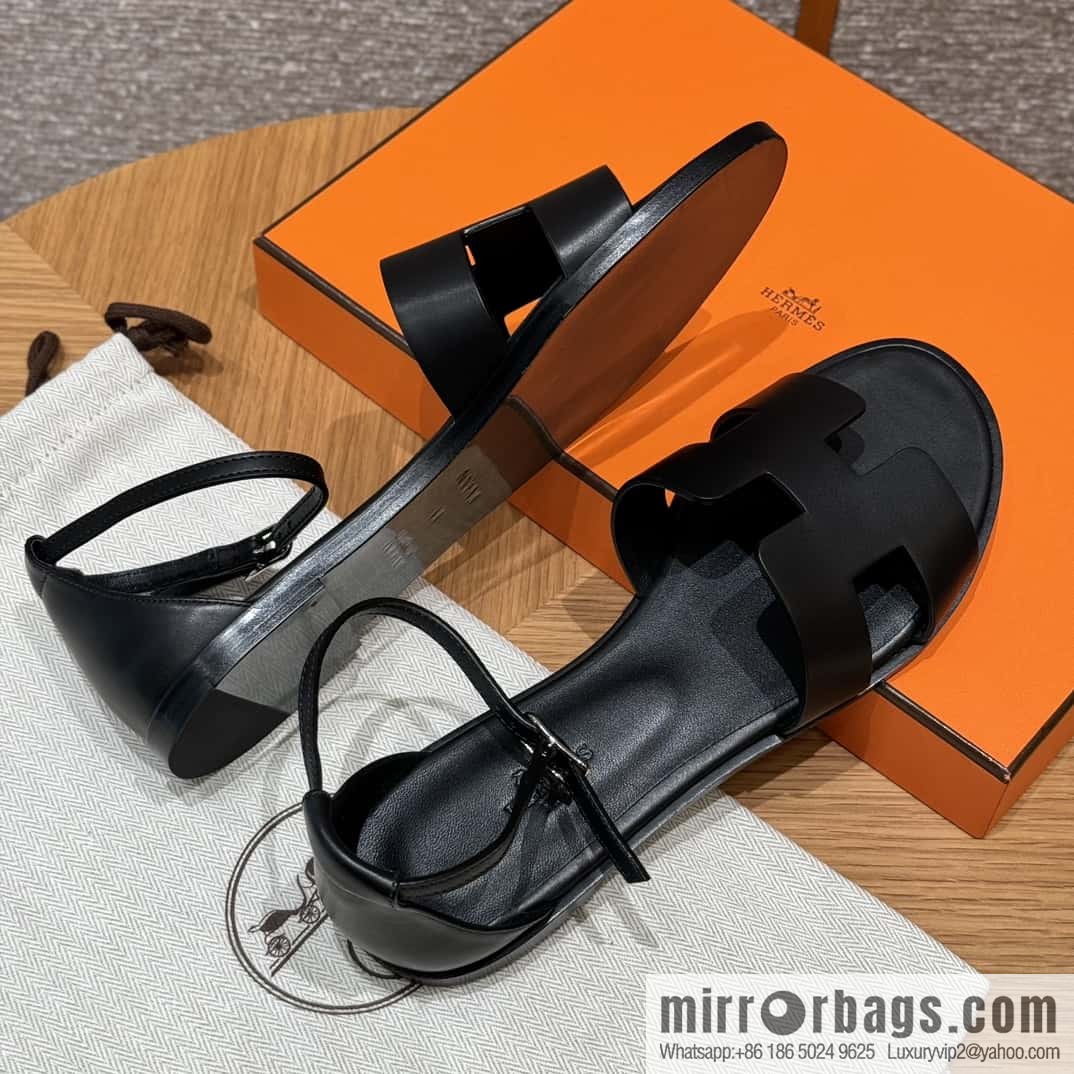 Hermès 196 Santorini Sandals 50 Plain Weave/Swift Black/CK89/Noir
