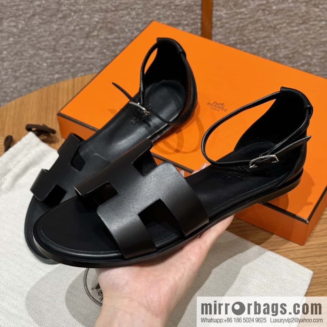 Hermès 196 Santorini Sandals 50 Plain Weave/Swift Black/CK89/Noir