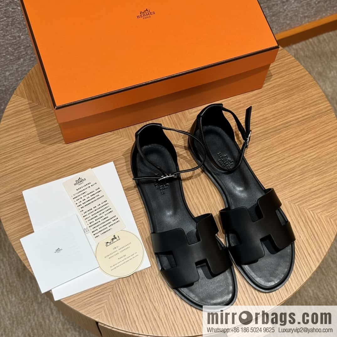 Hermès 196 Santorini Sandals 50 Plain Weave/Swift Black/CK89/Noir