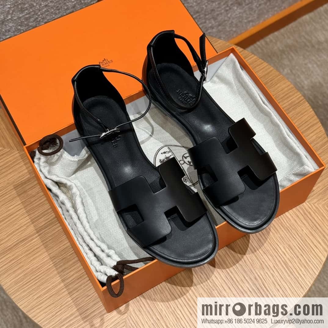 Hermès 196 Santorini Sandals 50 Plain Weave/Swift Black/CK89/Noir