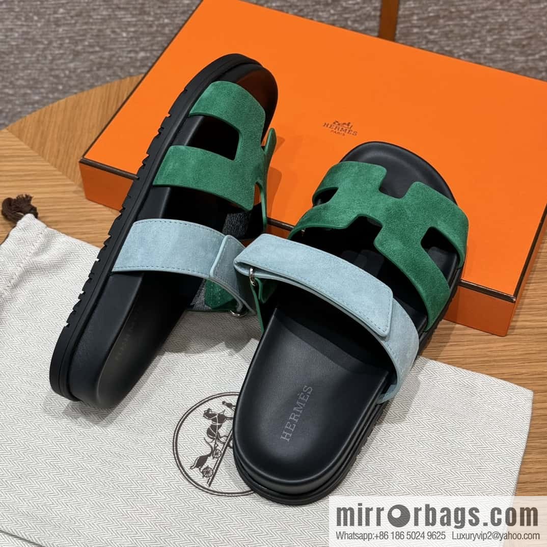 Hermès 225 CHYPRE SANDAL uncle shoes, green and light blue/Green and light blue
