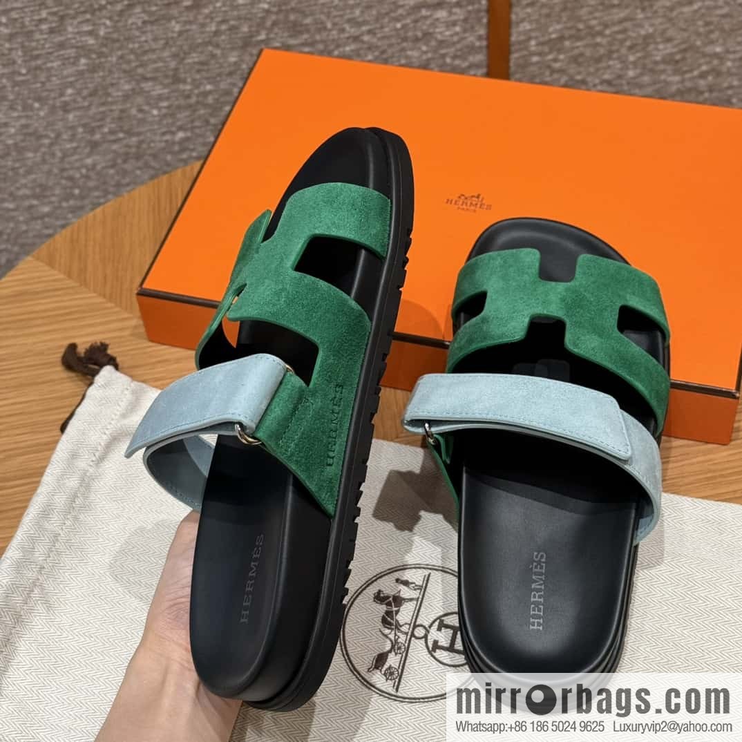 Hermès 225 CHYPRE SANDAL uncle shoes, green and light blue/Green and light blue