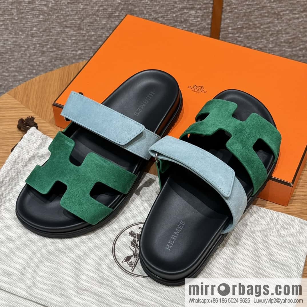 Hermès 225 CHYPRE SANDAL uncle shoes, green and light blue/Green and light blue