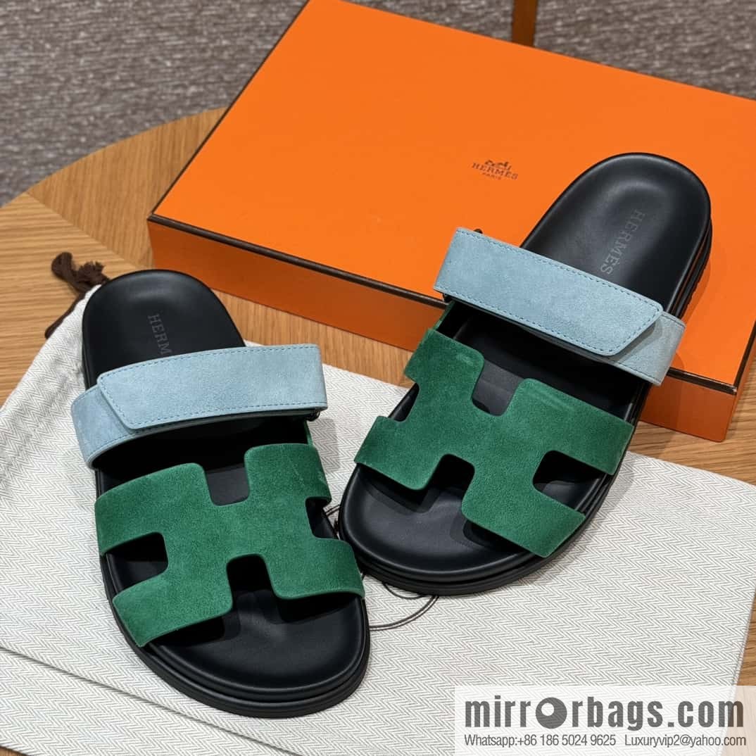Hermès 225 CHYPRE SANDAL uncle shoes, green and light blue/Green and light blue