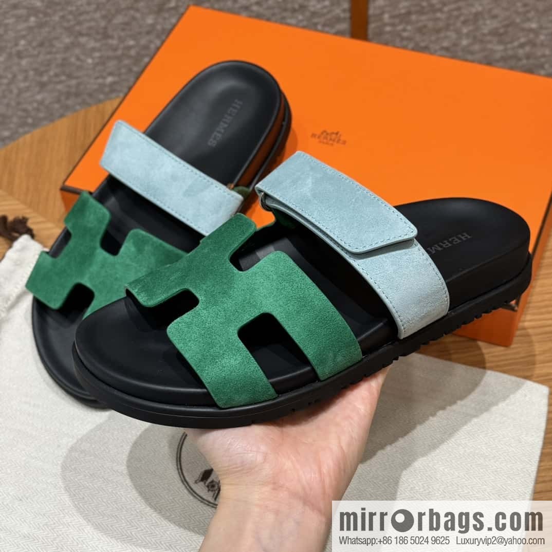 Hermès 225 CHYPRE SANDAL uncle shoes, green and light blue/Green and light blue