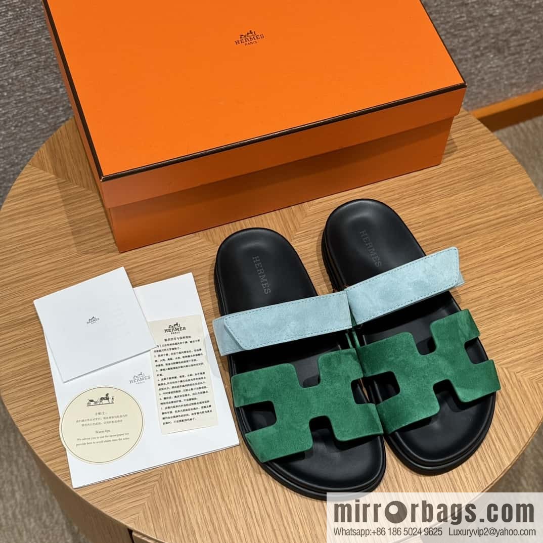 Hermès 225 CHYPRE SANDAL uncle shoes, green and light blue/Green and light blue