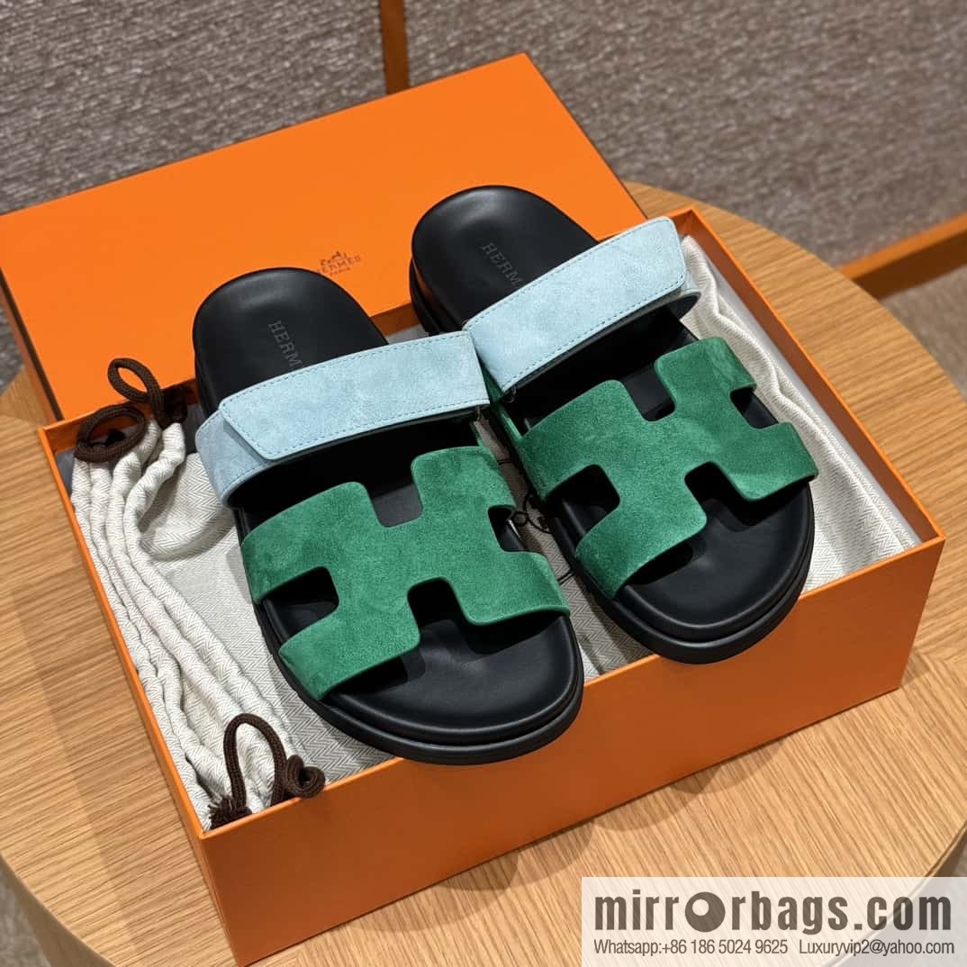 Hermès 225 CHYPRE SANDAL uncle shoes, green and light blue/Green and light blue