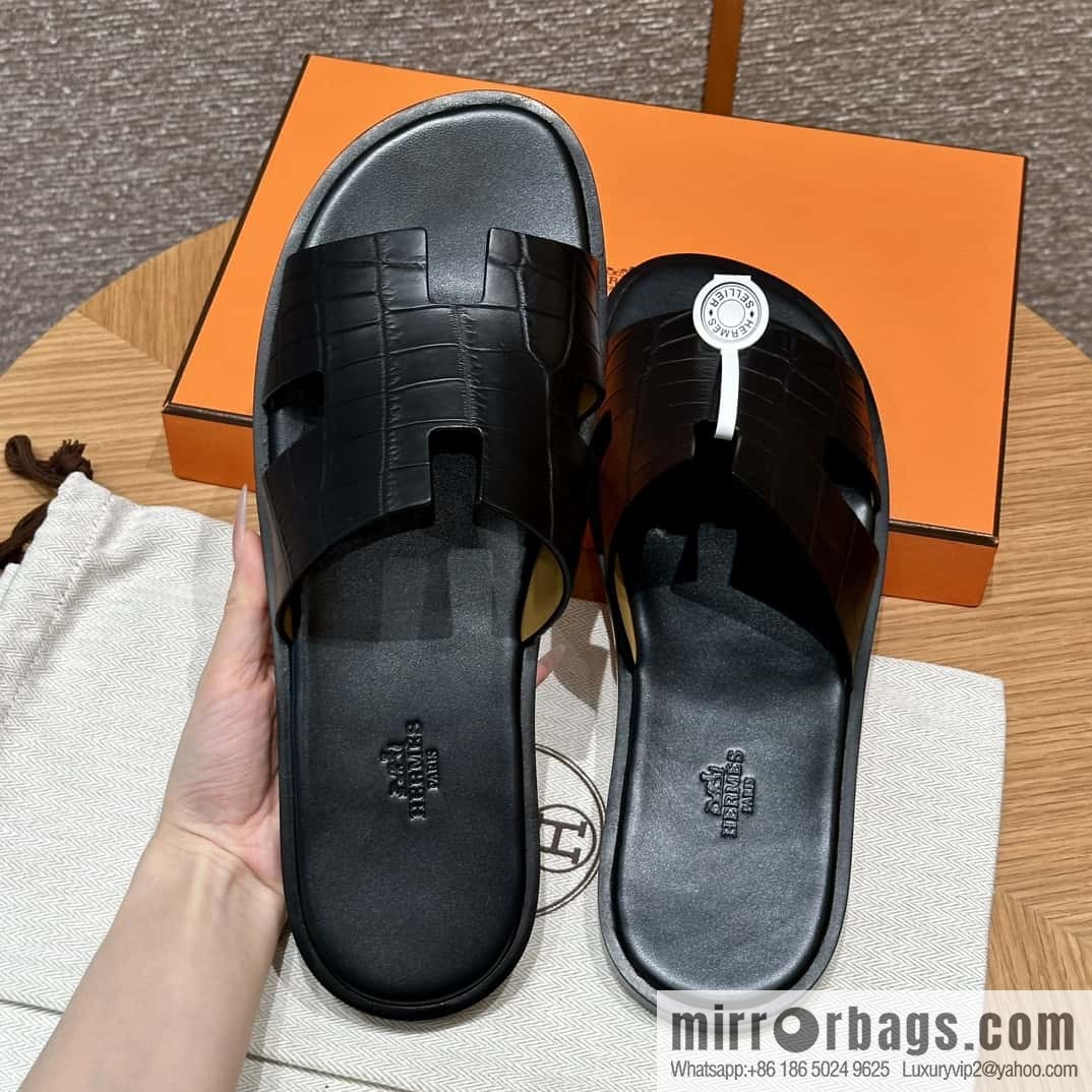 Hermès 182 Men's slippers Black/89/Black alligator/alligator🐊