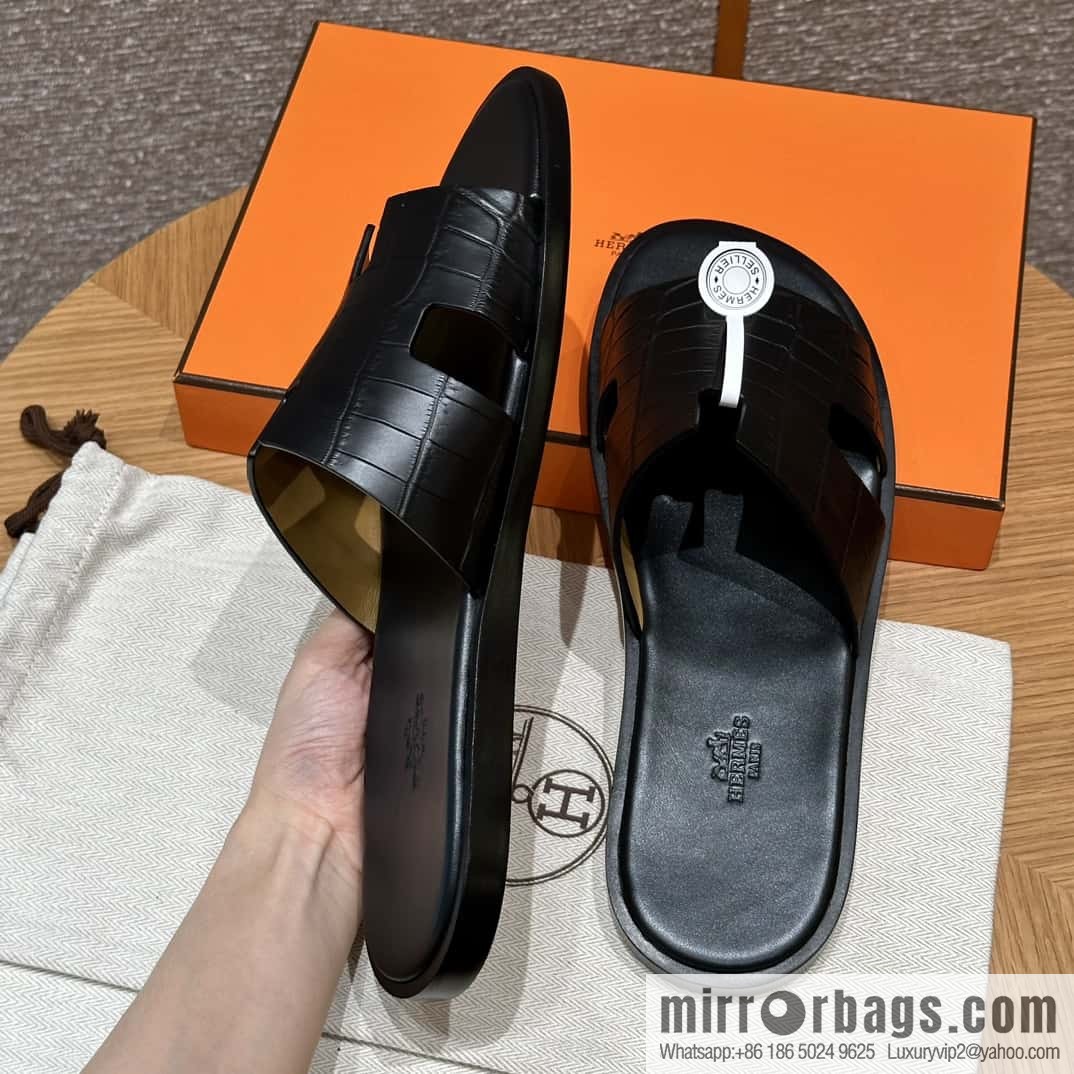 Hermès 182 Men's slippers Black/89/Black alligator/alligator🐊