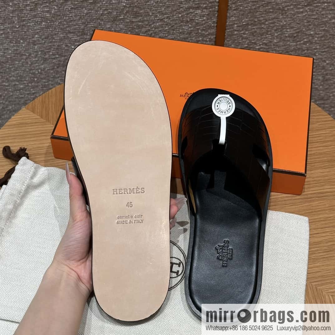 Hermès 182 Men's slippers Black/89/Black alligator/alligator🐊