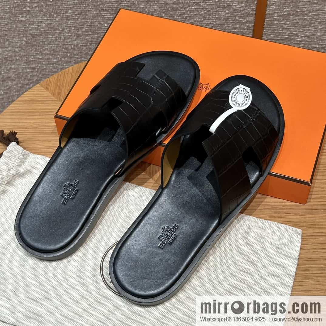 Hermès 182 Men's slippers Black/89/Black alligator/alligator🐊