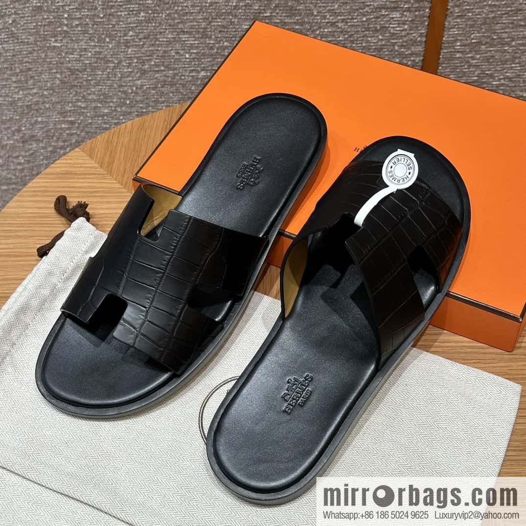 Hermès 182 Men's slippers Black/89/Black alligator/alligator🐊