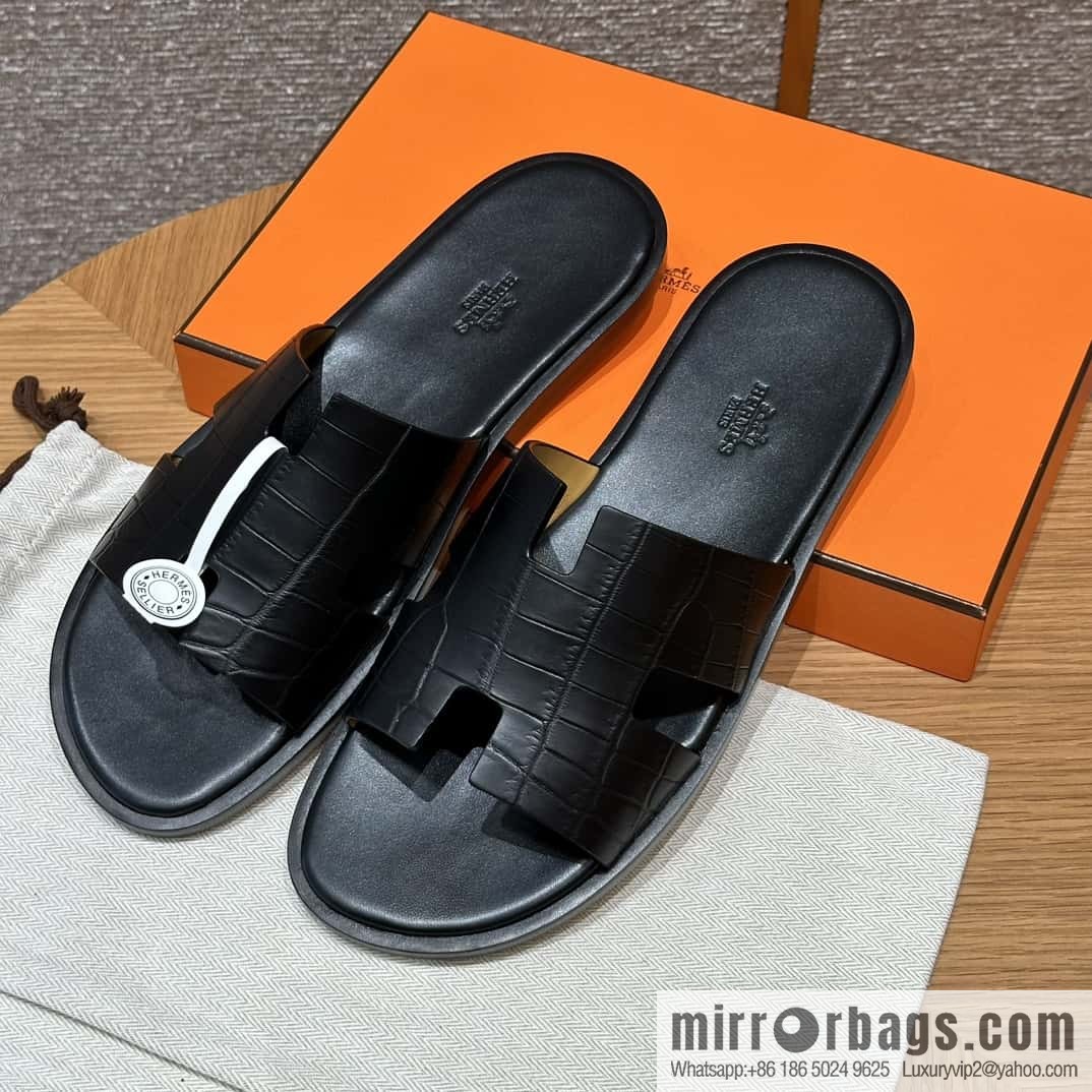 Hermès 182 Men's slippers Black/89/Black alligator/alligator🐊
