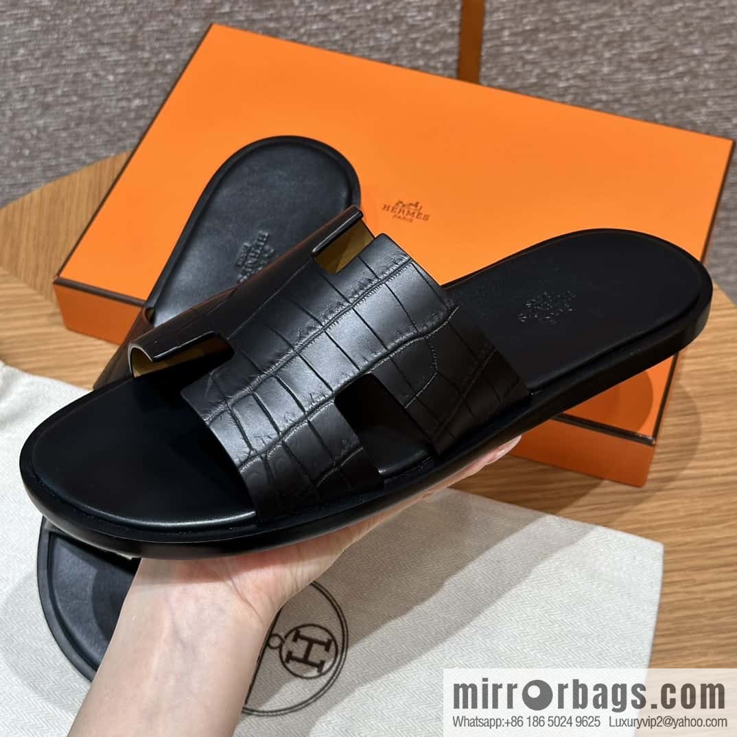 Hermès 182 Men's slippers Black/89/Black alligator/alligator🐊