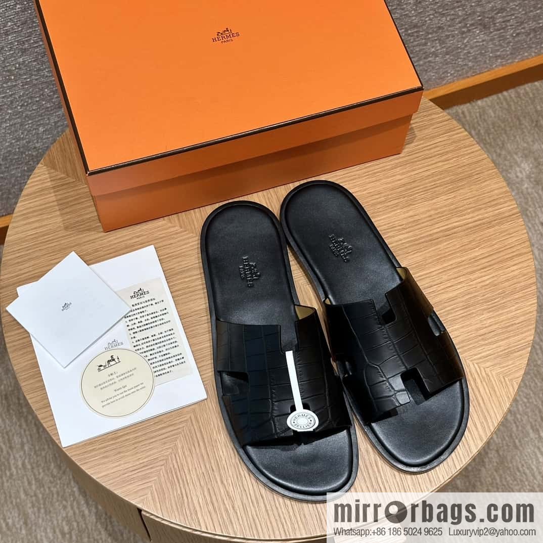 Hermès 182 Men's slippers Black/89/Black alligator/alligator🐊